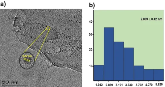 Figure 2 shows the TEM image of the Pt@CHs nanoparticle. Here, the average particle size of the catalyst was  calculated to be 2.869 ± 0.42 nm