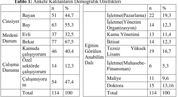 Tablo 1: Ankete Katılanların Demografik Özellikleri 