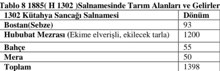 Tablo 7 Temettüatlarda Arazi alanları  