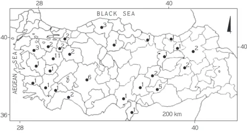 Figure 1.  Collection  localities  of  Martes  foina in  Turkey  (figures  indicate  the  number  of specimens examined).