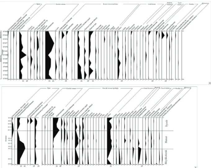 Şekil 5. Soma (Arabacıbozköy) (a) ve Uşak-Güre havzalarının (b) ayrıntılı polen diyagramları