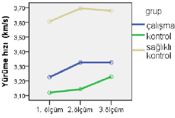 Tablo  4.9’a göre çalışma, kontrol ve sağlıklı kontrol gruplarındaki  olguların  yürüme  hızı  gruplara  göre  farklılık  göstermektedir(F 2,57 =4.751;  p&lt;0.05)