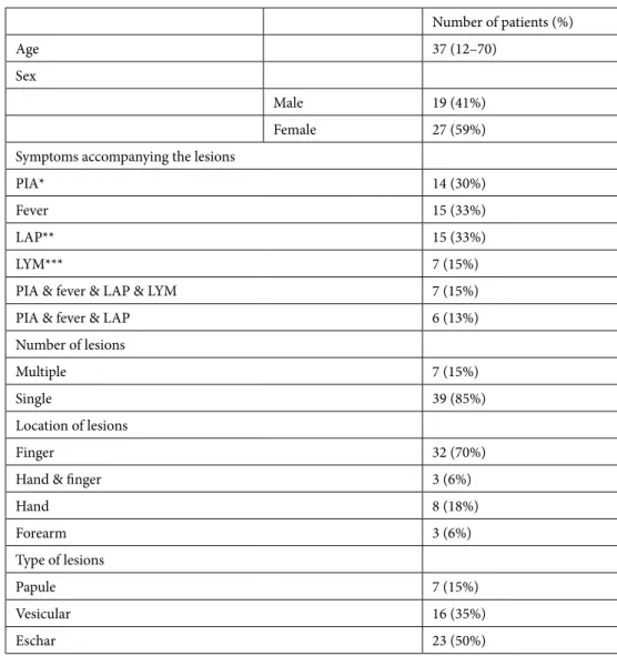 Figure 1. Occupational distribution of patients. Figure 2. A lesion on the forearm. Pain in arm, fever, and 