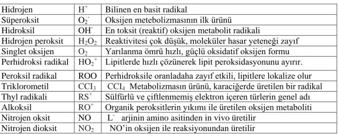 Tablo 1: Sık Karşılaşılan Radikaller, Simgeler ve Kimlikleri 