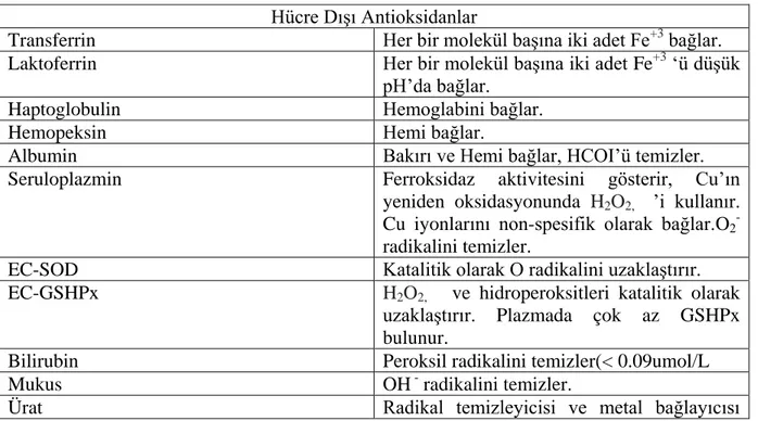 Tablo 3: Hücre Dışı Antioksidanlar 