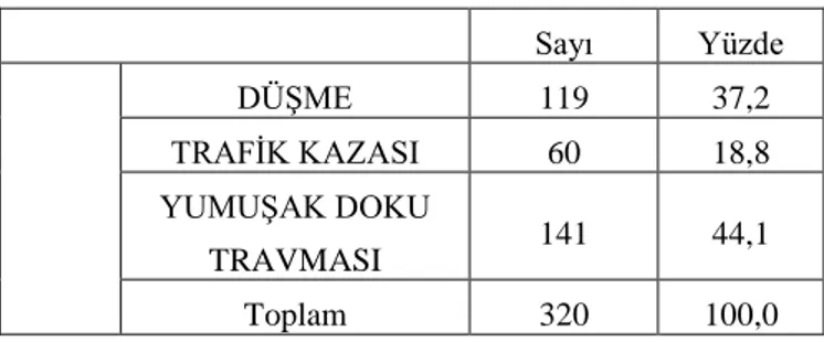 Tablo 8: Hastaların travma oluş nedenlerine göre dağılımı  Sayı  Yüzde  DÜġME  119  37,2  TRAFĠK KAZASI  60  18,8  YUMUġAK DOKU  TRAVMASI  141  44,1  Toplam  320  100,0 