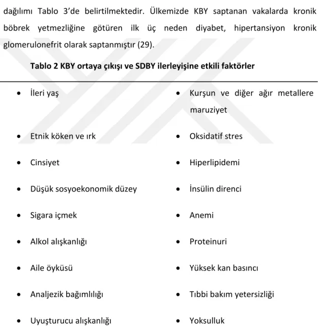 Tablo 2 KBY ortaya çıkışı ve SDBY ilerleyişine etkili faktörler 