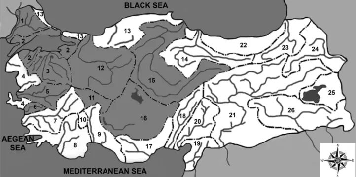 Figure 1. The distribution of river catchments in Turkey: 1 – Meriç-Ergene River Catchment, 2 – Marmara River Catchment 3 –  Susurluk River Catchment, 4 – Northern Aegean River Catchment, 5 – Gediz River Catchment, 6 – Küçük Menderes River Catchment,  7 – 