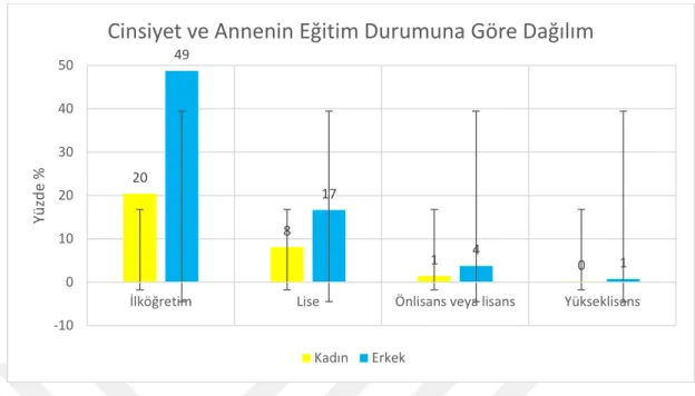 Şekil 4.8: Cinsiyet ve annenin eğitim düzeyine göre katılımcıların dağılımı  4.1.9. Cinsiyet ve Eğitim Aldığı Üniversite 