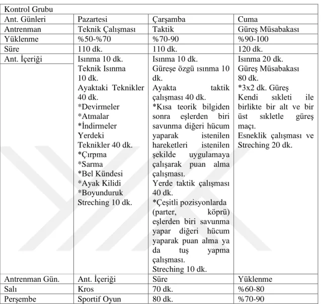 Tablo 4.2: Kontrol grubuna uygulanan antrenman programı.  Kontrol Grubu 