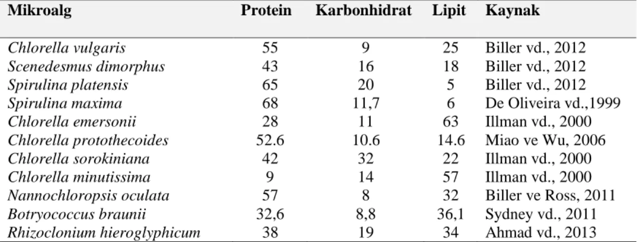 Çizelge 1.2. Bazı mikroalg türlerine ait biyokimyasal bileşenler (% kuru hücre ağırlığı bazında)
