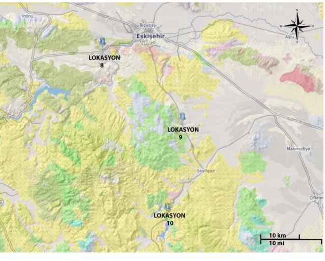 Şekil 3.10. Eskişehir ili ve çevresinde çalıştığımız bölgelerin jeolojik birimlerini gösteren genel  jeoloji haritası (http://www.mta.gov.tr)