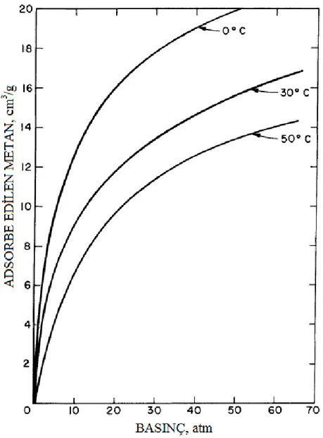 Şekil 3.6. Kömürlerin farklı sıcaklıklarda adsorbe ettikleri metan miktarı değişimi (Kim, 1977)