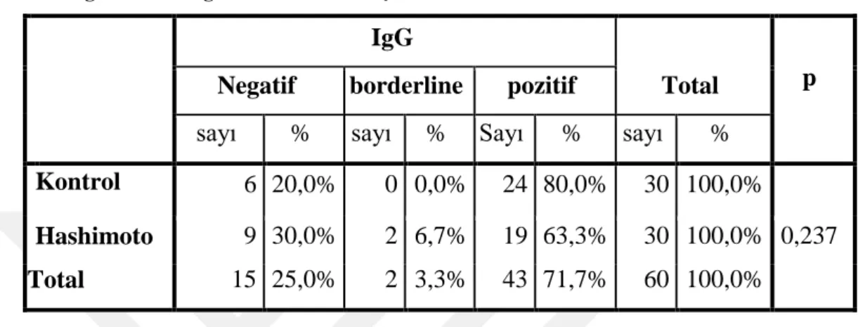 Tablo 10: EVB19 IgG Grupları (Pozitif, Negatif, Borderline) ile Hashimoto  hastalığı ve kontrol grubu arasındaki ilişki 