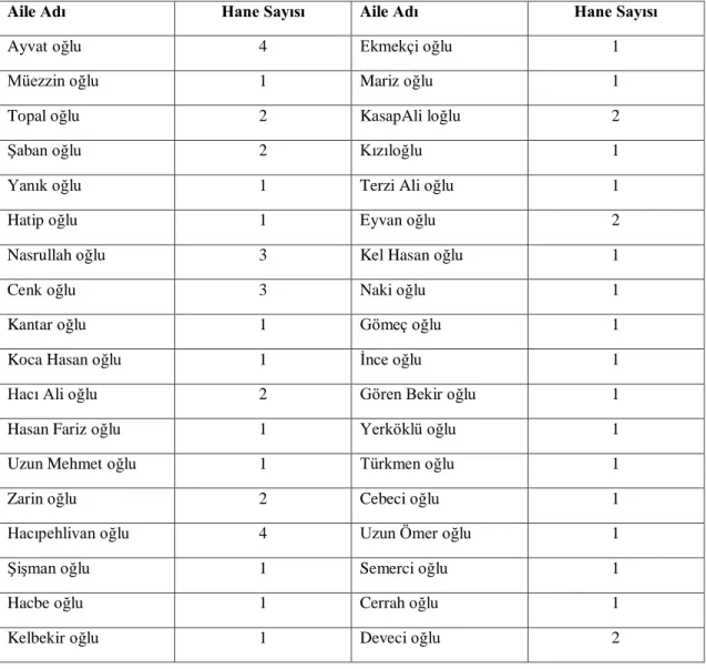 Tablo 2.2: Mihre Hatun Mahallesi Aile Adları 