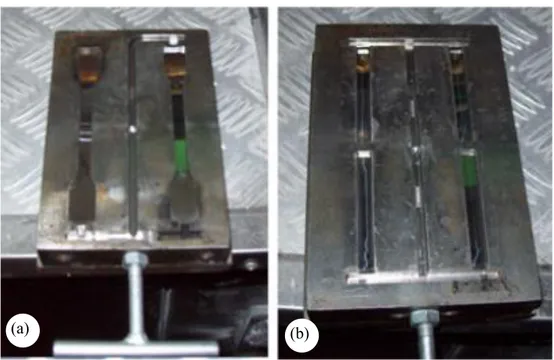 Şekil  4.4.  Enjeksiyon  makinasında  kullanılan:  a)  çekme  numunesi  kalıbı,  b)  darbe  ve   eğilme kalıpları