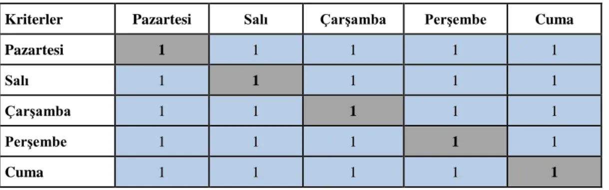 Çizelge 8.3. Matematik II dersi öğretim elemanı gün tercihleri matrisi. 