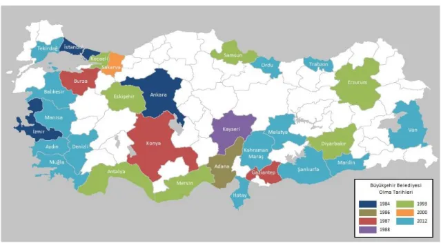 Şekil 1.1: İllerimizin Büyükşehir Olma Tarihlerine Göre Haritası 