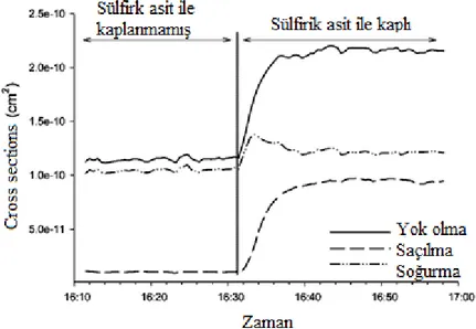 Şekil 2.4. Sülfirik asit ile kaplanmış ya da karışmış parçacıklarının ışınım özelliklerinin zaman  ile değişimi (Khazilov vd., 2009)