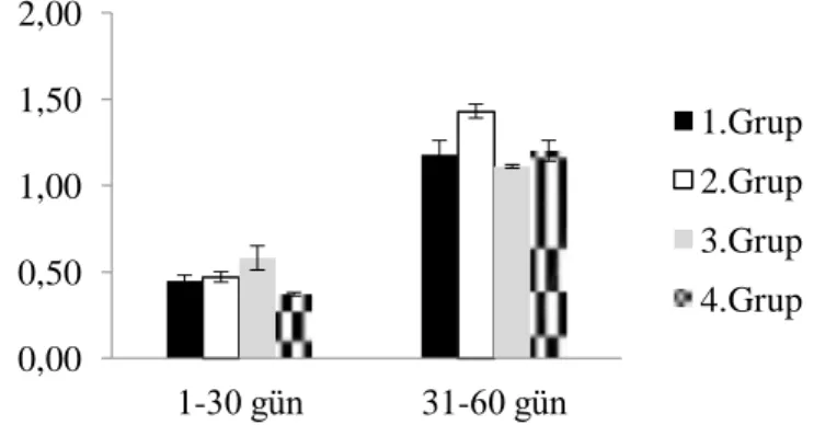 Şekil 5.6. Spesifik büyüme oranı (SBO) (%). 0,00 0,10 0,20 0,30 0,40 0,50 0,60 0,70 1-30 gün 31-60 gün  1.Grup 2.Grup 3.Grup 4.Grup 0,00 0,50 1,00 1,50 2,00 1-30 gün 31-60 gün 1.Grup 2.Grup 3.Grup 4.Grup 