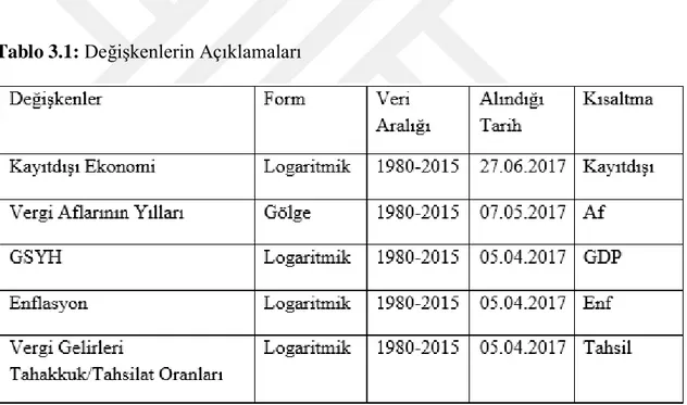 Tablo 3.1: Değişkenlerin Açıklamaları 