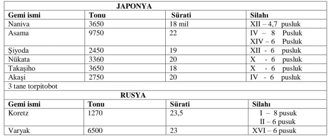 Tablo 1.2: Japon ve Rus Gemilerinin Vasıfları 