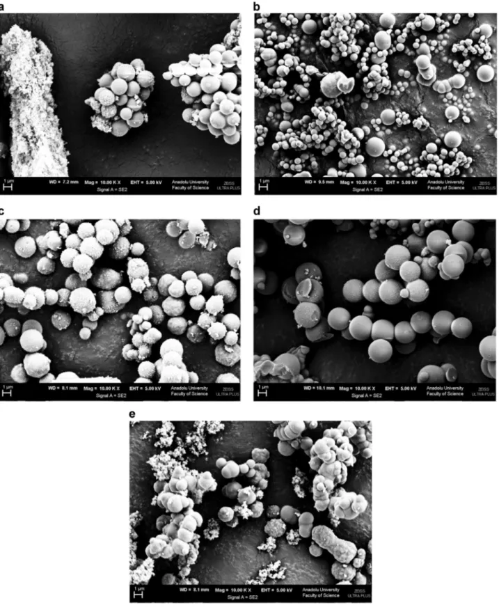 Fig. 2 The effect of co-solvent: ethanol a, acetone b, iso-propanol c, dichloromethane d, and cyclohexane e