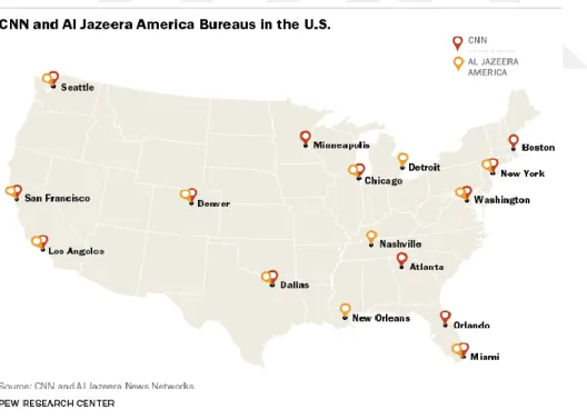 Şekil 1.1: ABD’deki CNN ve El-Cezire Bürolarının Bulundukları Şehirler 