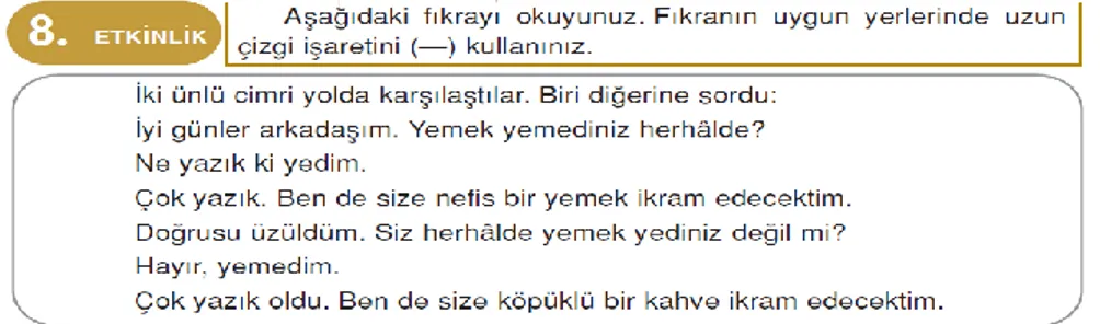 Şekil 22. 4.sınıf kitabındaki noktalama işareti etkinliği 7(Bıyıklı ve Öztaş, 2017:  142)