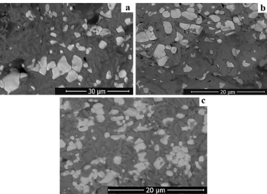 Fig. 10   Microstructure images  of (MZC50) specimens sintered  at a 1450, b 1500 and c 1550 °C  for 5 h
