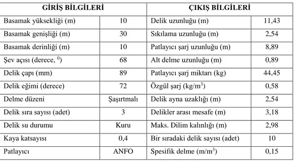 Çizelge 12.1. Örnek bir basamak patlatması tasarımı için programdaki giriş ve çıkış bilgileri