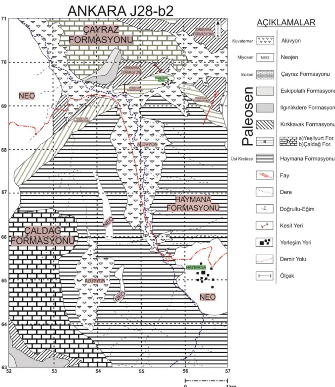 Şekil 2.1. Çalışma alanlarının genel jeoloji haritası ( MTA’dan derlenmiştir). 