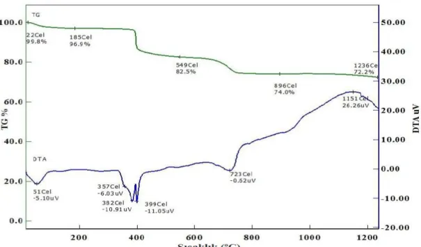 Şekil 4.2. Hisarcık atık barajı numunesine ait TGA ve DTA analiz sonucu (Ak, 2011). 