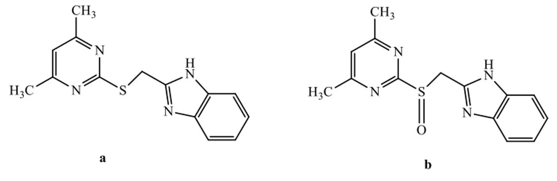 Şekil 2.14. a) Pirimidil-tiyo-metil-benzimidazol, b) Pirimidil-sülfinil-metilbenzimidazol