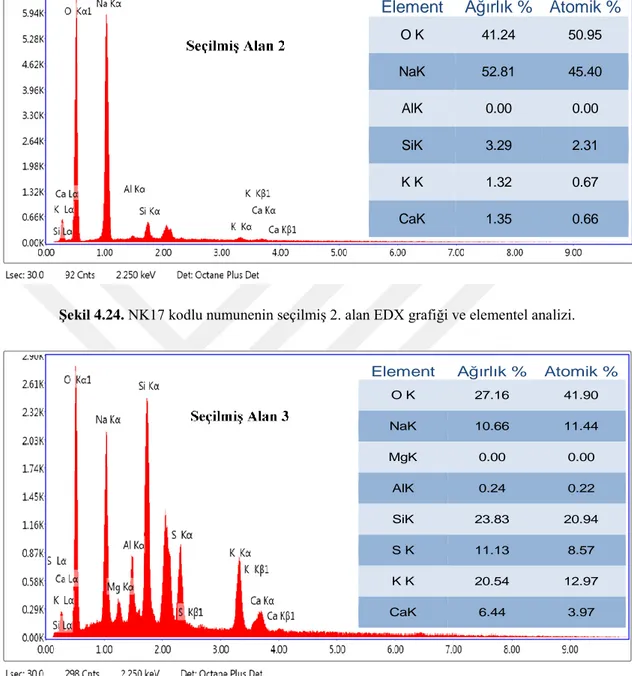 Şekil 4.24. NK17 kodlu numunenin seçilmiş 2. alan EDX grafiği ve elementel analizi. 