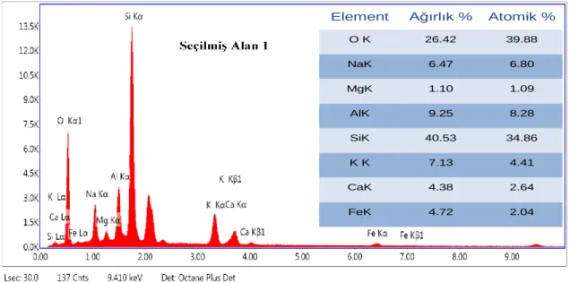 Şekil 4.40. NK57 kodlu numunenin seçilmiş 1. alan EDX grafiği ve elementel analizi. Element  Ağırlık %  Atomik % 