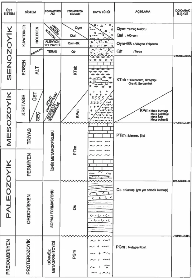 Şekil  4.7.  Tasarıma  esas  proje  sahası  ve  yakın  çevresinin  genelleştirilmiş  stratigrafi  kesiti   (ölçeksiz) (DSİ, 2016b)