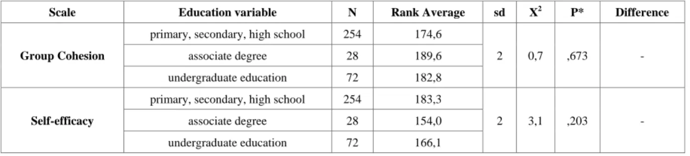 Table 6.    Scale Correlation Values  Group  Cohesion    Self-efficacy    Group  Cohesion  Spearman’s Rho  1,000  ,064 Sig