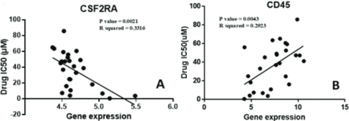 Figure 1. Identification of highly correlated genes. Among the genes that were analyzed with ruxolitinib drug cytotoxicity data, CSC  biomarkers and JAK/STAT pathway genes were among the highly correlated