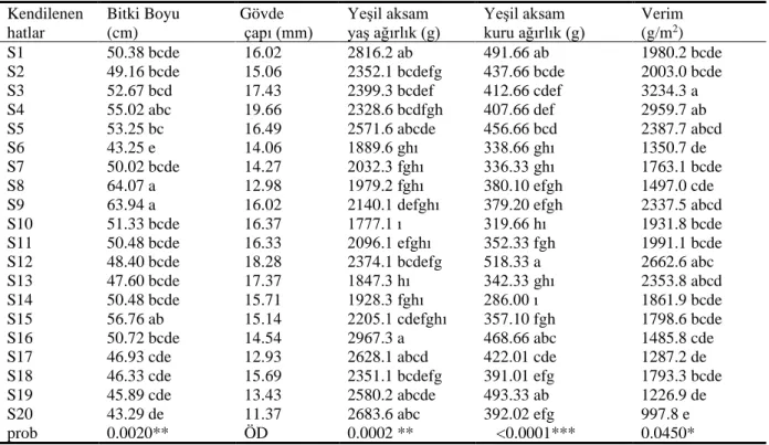Çizelge 4. Seçilmiş kendilenen hatlarda bitkilere ait bazı ölçüm ve verim sonuçları  Kendilenen 
