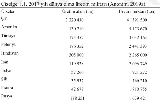 Çizelge 1.1. 2017 yılı dünya elma üretim miktarı (Anonim, 2019a) 