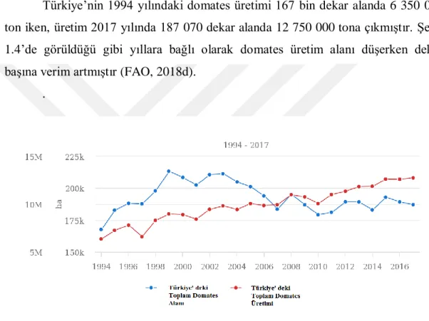 Şekil 1.4. Türkiye’de yıllara göre domates üretim alanı ve üretim miktarı (FAO,  2018e) 