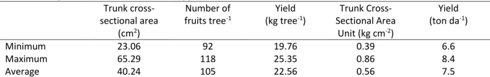Table 1. Yield parameters of Mondial Gala apple cultivars budded on M9 rootstock  Trunk  cross-sectional area  (cm 2 )  Number of fruits tree-1 Yield (kg tree -1 )  Trunk  Cross-Sectional Area Unit (kg cm-2)  Yield (ton da -1 )  Minimum  23.06  92  19.76  
