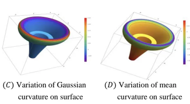 Figure  14.  Gaussian  and  mean  curvatures’  graphics  and  the  variations  of  Gaussian  and  mean  curvatures  on  surface 