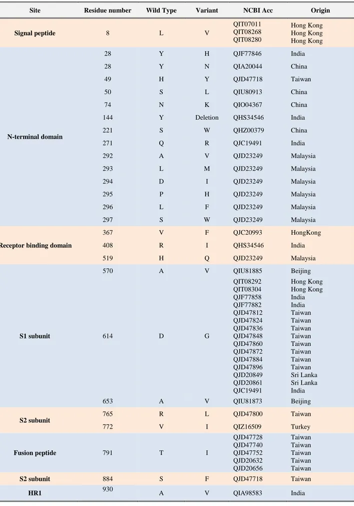 Table 1. SARS-CoV-2 S glycoprotein mutations. 