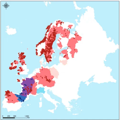 Fig. 3. Distribution of Margaritiferidae in Europe. Light shades correspond to historical distribution in hydrographical basins (prior to 1992), dark shades correspond to present distribution in hydrographical basins (after 1992) and dots represent present