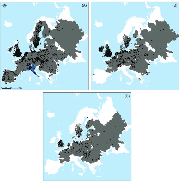 Fig. 4. Distribution of Anodontini in Europe. Light shades correspond to historical distribution in hydrographical river basins (prior to 1992), dark shades correspond to present distribution in hydrographical river basins (after 1992) and dots represent p