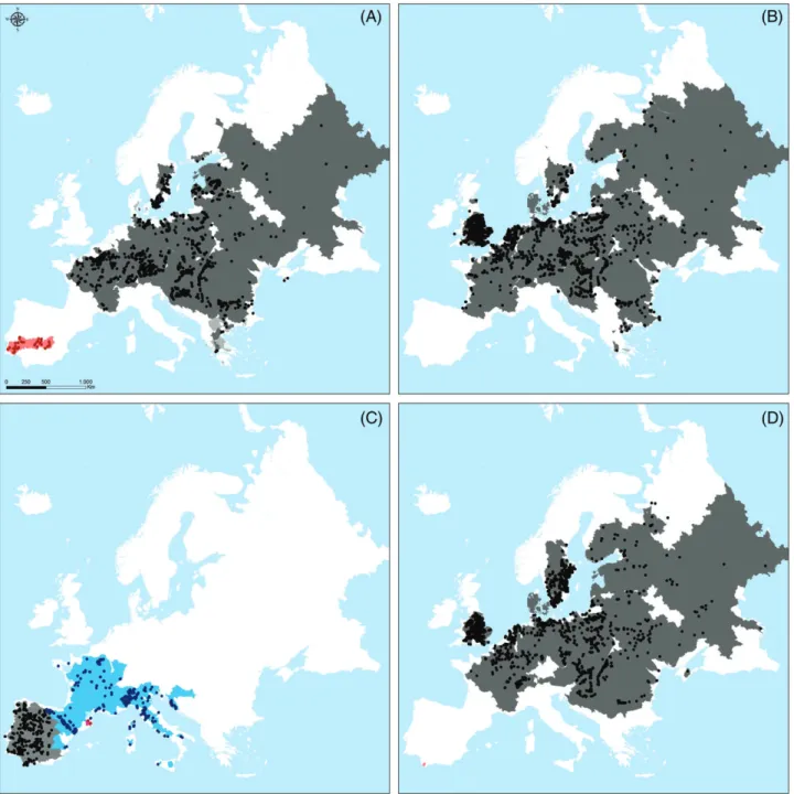 Fig. 5. Distribution of Unionini in Europe. Light shades correspond to historical distribution in hydrographical river basins (prior to 1992), dark shades correspond to present distribution in hydrographical river basins (after 1992) and dots represent pre