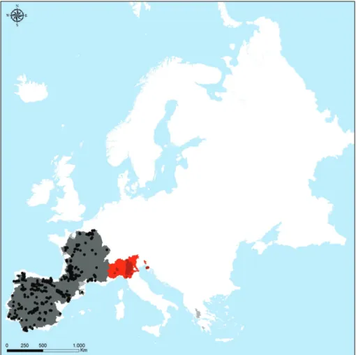 Fig. 6. Distribution of Gonideinae in Europe. Light shades correspond to historical distribution in hydrographical river basins (prior to 1992), dark shades correspond to present distribution in hydrographical river basins (after 1992) and dots represent p
