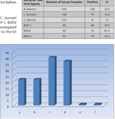 Table 1. The rates of seropositivity for B. abortus, C. burnetii, C. abortus,  BHV-1, BVDV, BHV-4 in dairy cattle herds with abortion history